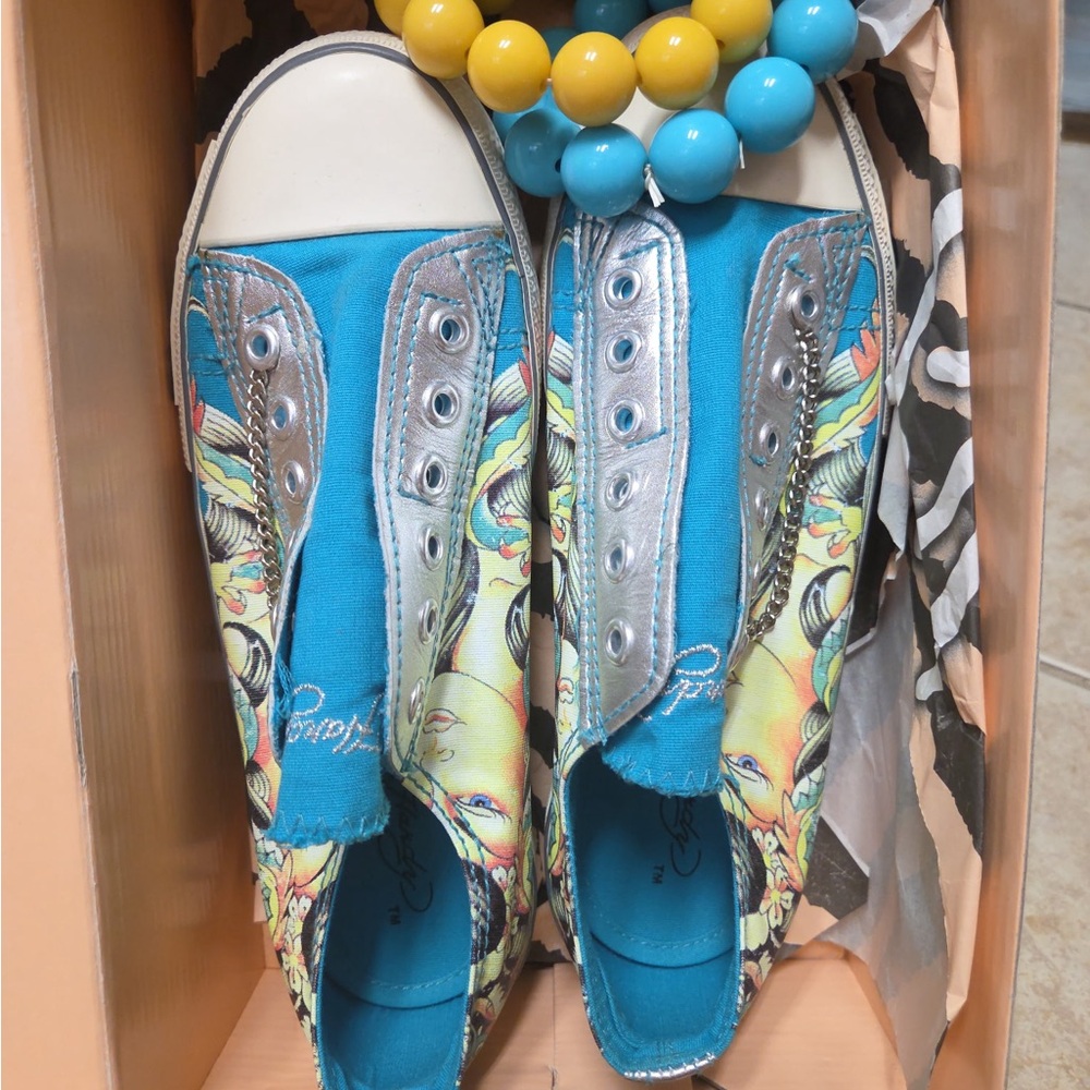 Ed Hardy women’s canvas Teal Floral Slip-On Sneakers Y2K brand New - Picture 2 of 6